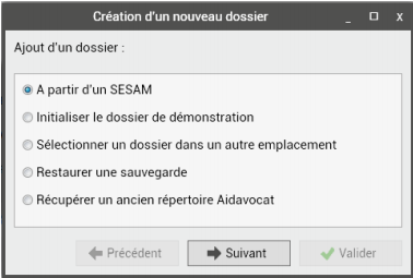 Aidavocat : Fenêtre création d'un nouveau dossier